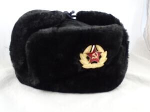 Vintage Soviet Russian Ushanka Trooper Hat Faux Fur Black Winter Trapper Hat